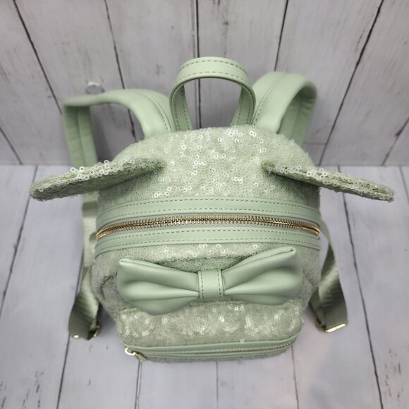 Disney Parks Loungefly Mint Green Sequin W Bow Mini Backpack Retired Rare Cute! - Picture 2 of 16